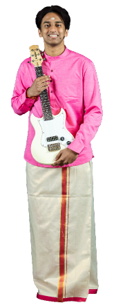 Pranav possing for a picture holding an electric guitar, smiling